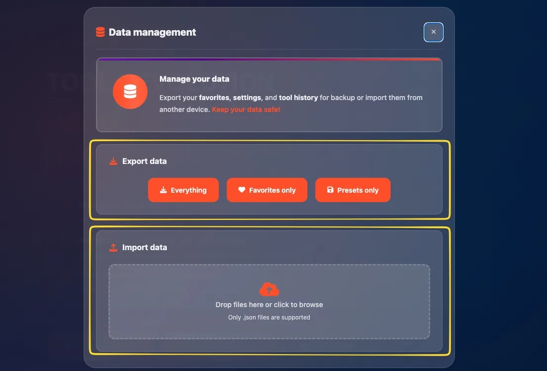 Data Management modal with Import and Export options