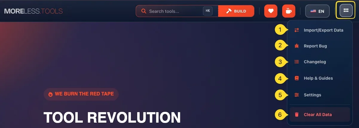 Extra settings menu showing all available options