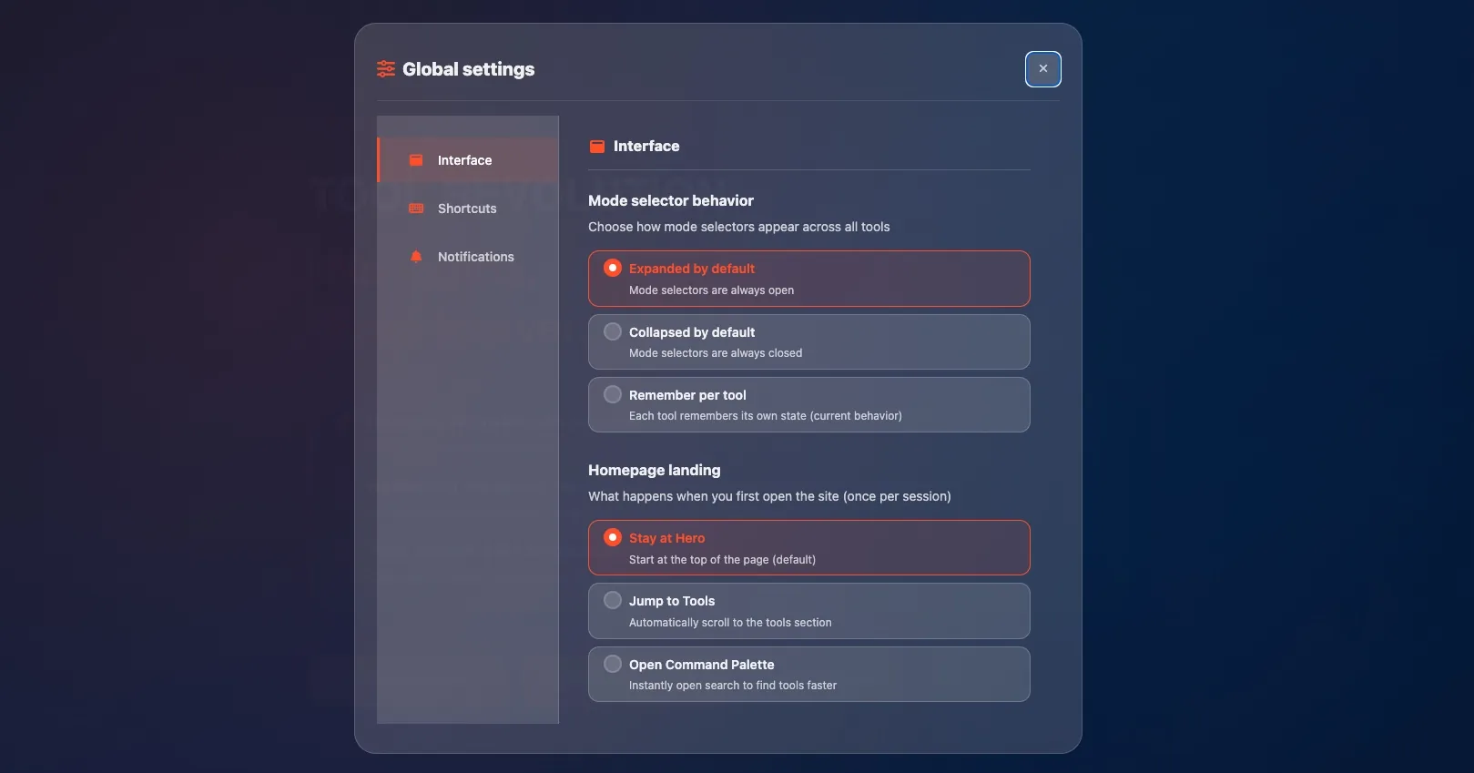 Global Settings - Interface tab
