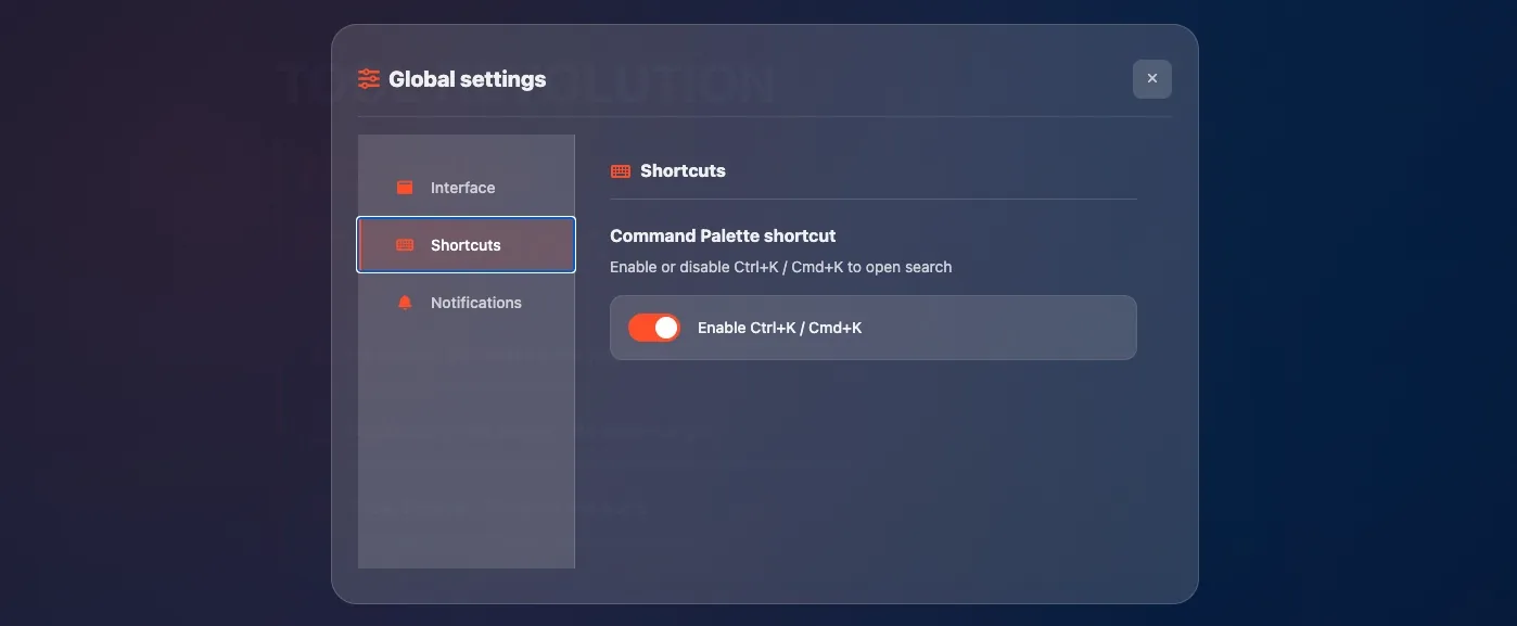 Global Settings - Shortcuts tab