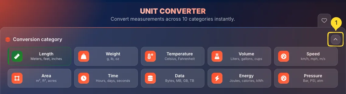 Mode selector with categories expanded