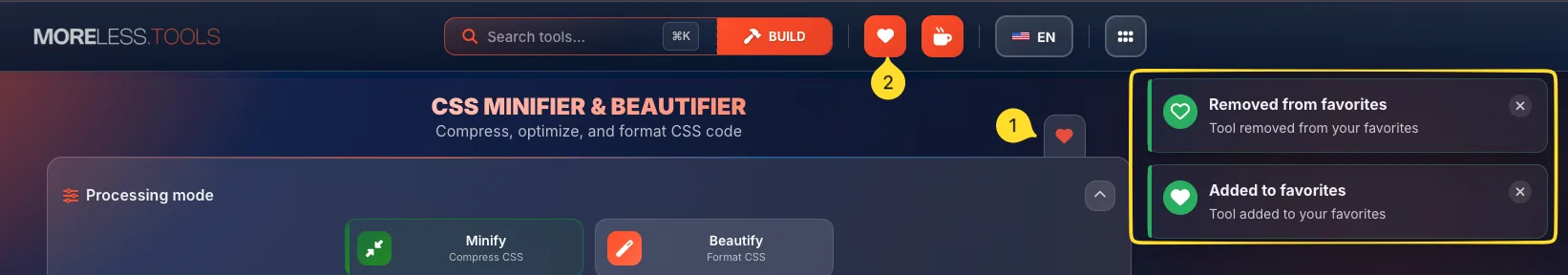 Heart icon for adding and removing favorites