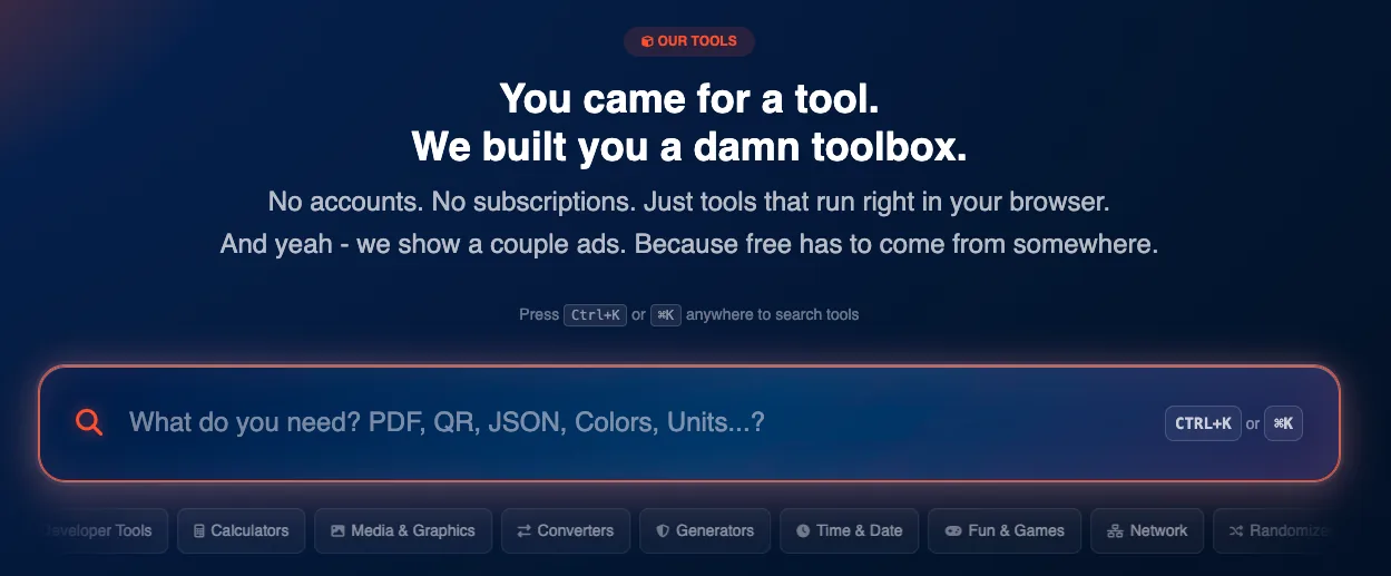 MORELESS.TOOLS homepage with tool categories