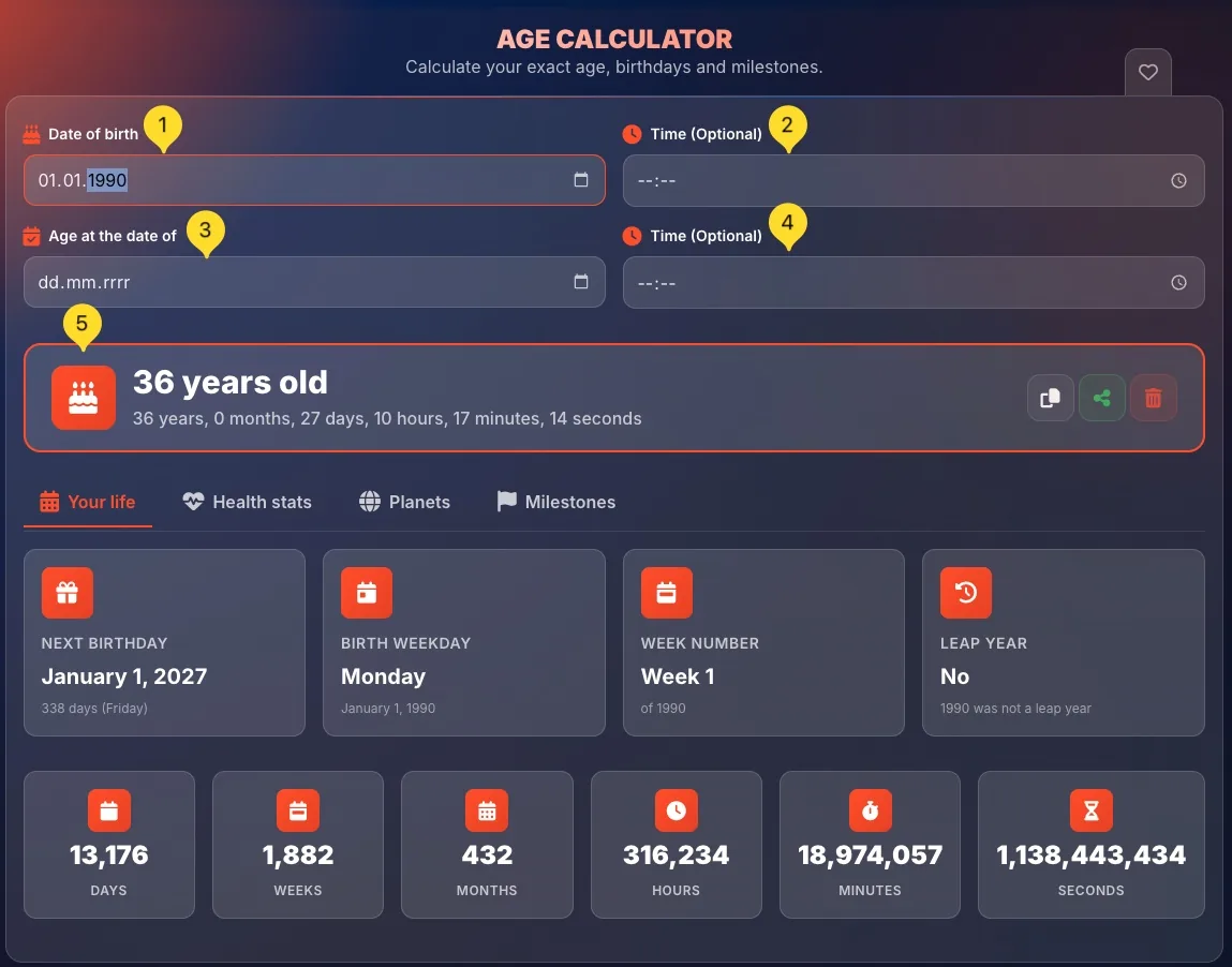 Entering birth date and target date in the Age calculator form