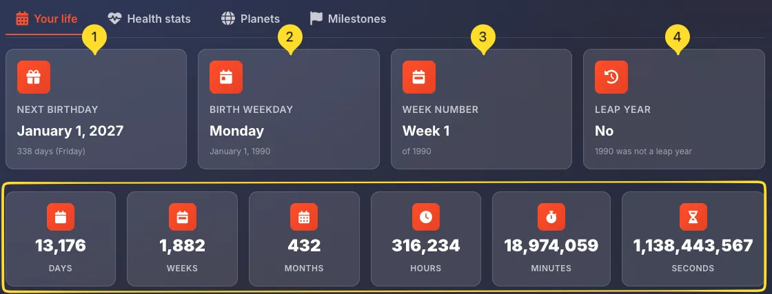 Your life tab showing birthday info cards and time-based statistics