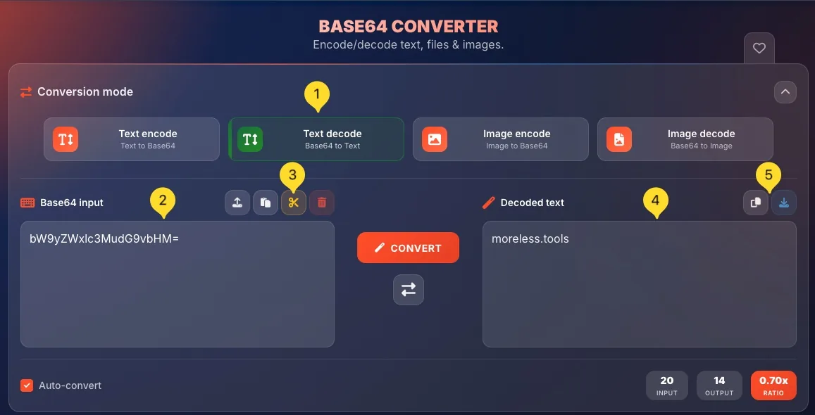 Text decode mode showing Base64 input and decoded text output