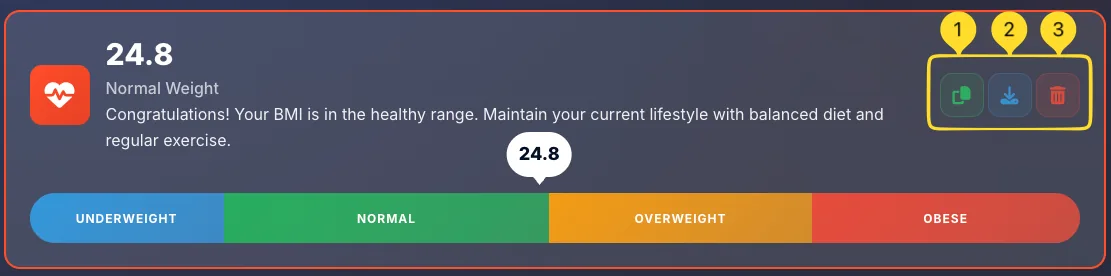 BMI result display showing BMI value, category, health description and heart icon