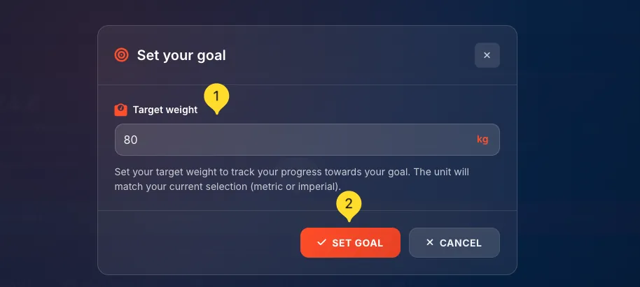 Set Goal modal with target weight input field and SET GOAL button
