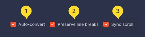 Conversion options - Auto-convert, Preserve line breaks, Sync scroll checkboxes
