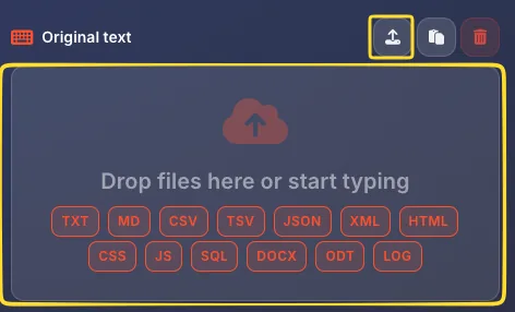 File upload drop zone showing supported file formats