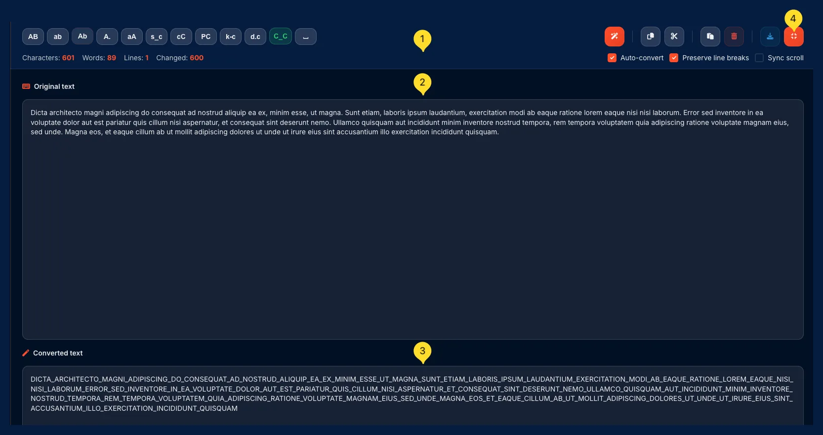 Fullscreen mode showing compact toolbar, input panel, and output panel