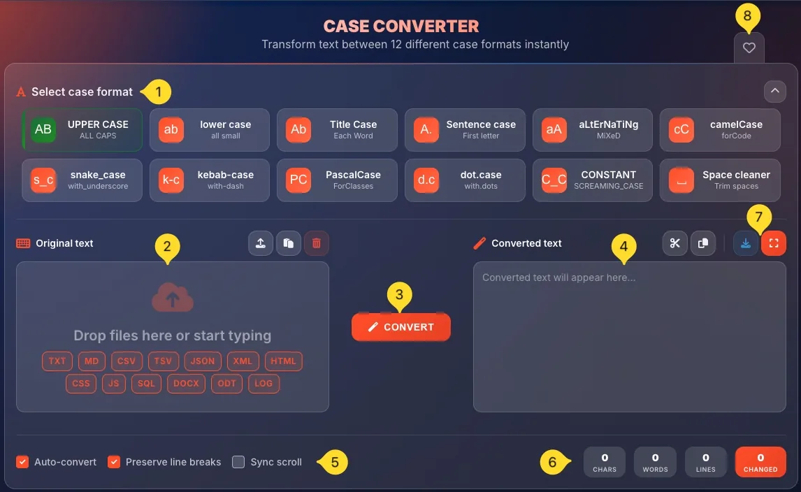 Case Converter interface showing case format selector, input/output panels, and statistics