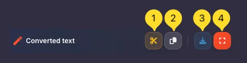 Output panel action buttons - Trim, Copy, Download, Fullscreen