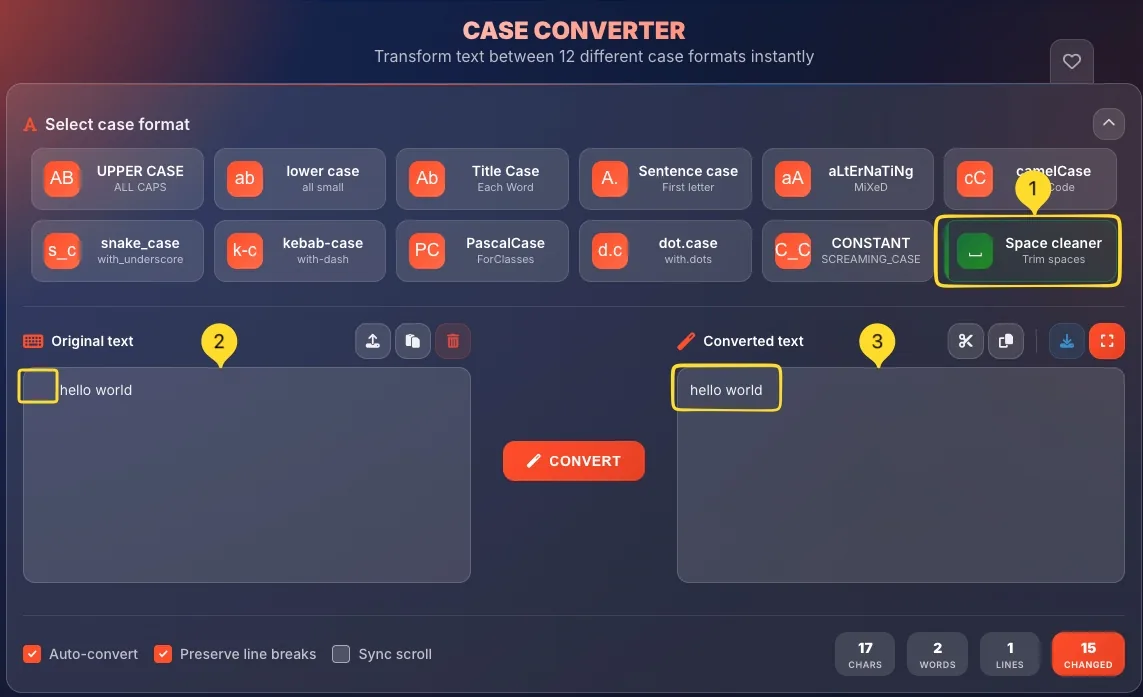 Space cleaner example showing input with extra spaces and cleaned output