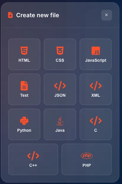 Create new file modal showing grid of available file types: HTML, CSS, JavaScript, Text, JSON, XML, Python, Java, C, C++, PHP