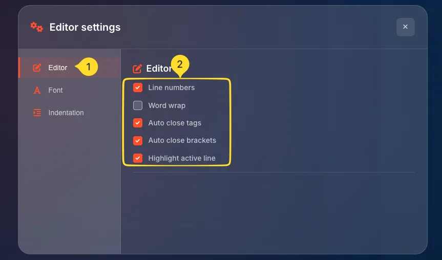 Editor settings modal showing Editor tab with checkboxes for line numbers, word wrap, auto close tags, auto close brackets, and highlight active line
