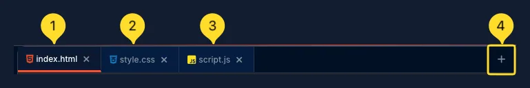 File tabs showing index.html, style.css, and script.js tabs with colored icons