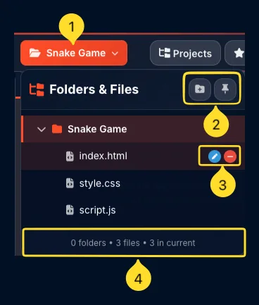 Folders & Files panel showing project structure with file list and icons