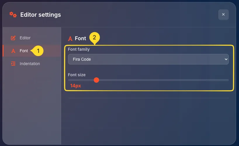 Editor settings modal showing Font tab with font family dropdown and font size slider