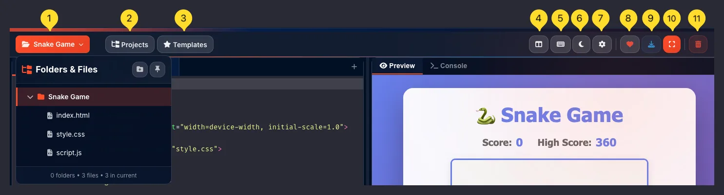 Code Editor header toolbar with project name, buttons for Projects, Templates, Layout, Shortcuts, Dark mode, Settings, Focus mode, Favorite, Download, and Delete