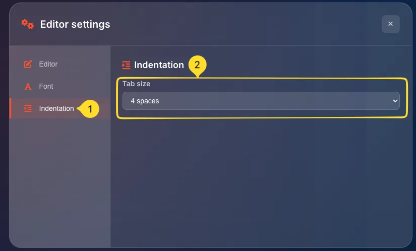 Editor settings modal showing Indentation tab with tab size dropdown
