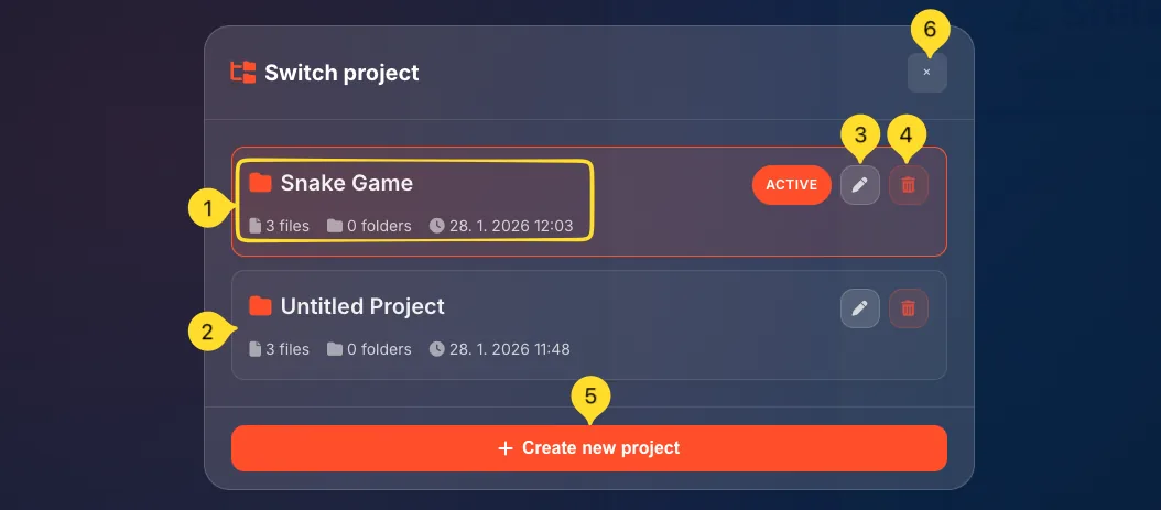 Switch project modal showing list of saved projects with names, file counts, and action buttons