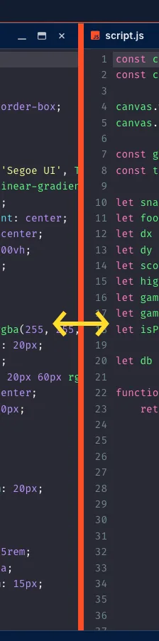Code editor showing resizable panel borders between code panels and preview