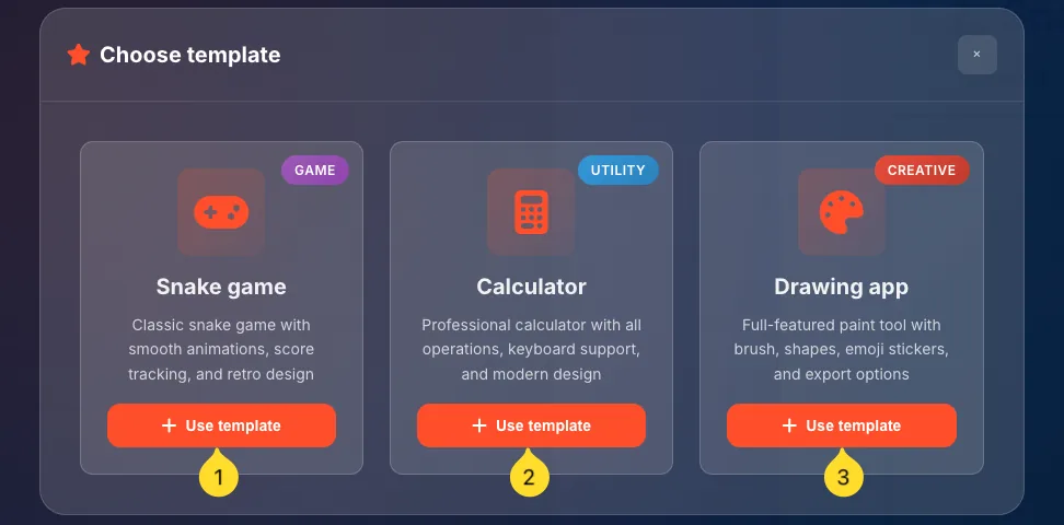 Choose template modal showing template cards for Snake game, Calculator, and Drawing app