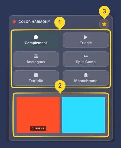 Color harmony panel with 6 harmony types