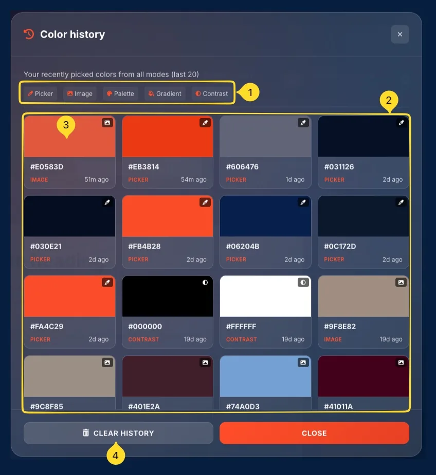 Color history modal with recent colors