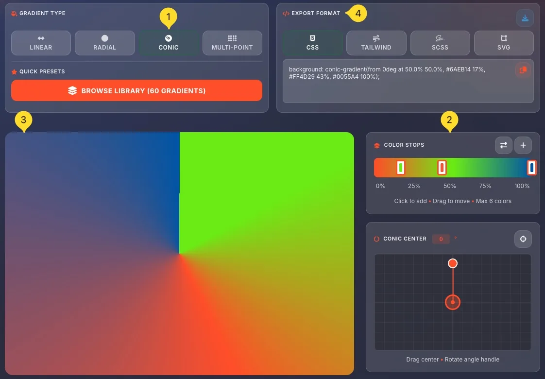 Conic gradient editor with angle and center controls