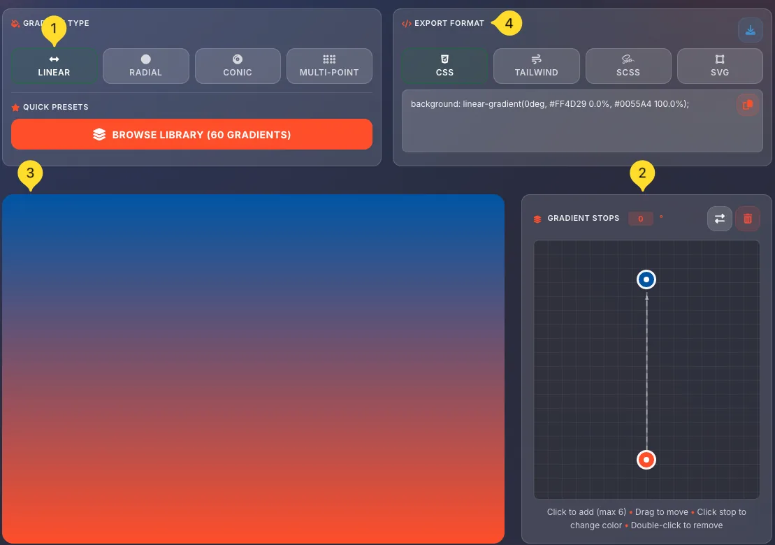 Linear gradient editor with stops and angle control
