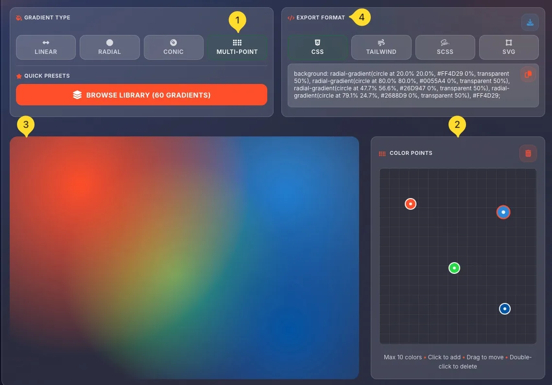 Multi-point gradient editor with 2D color placement