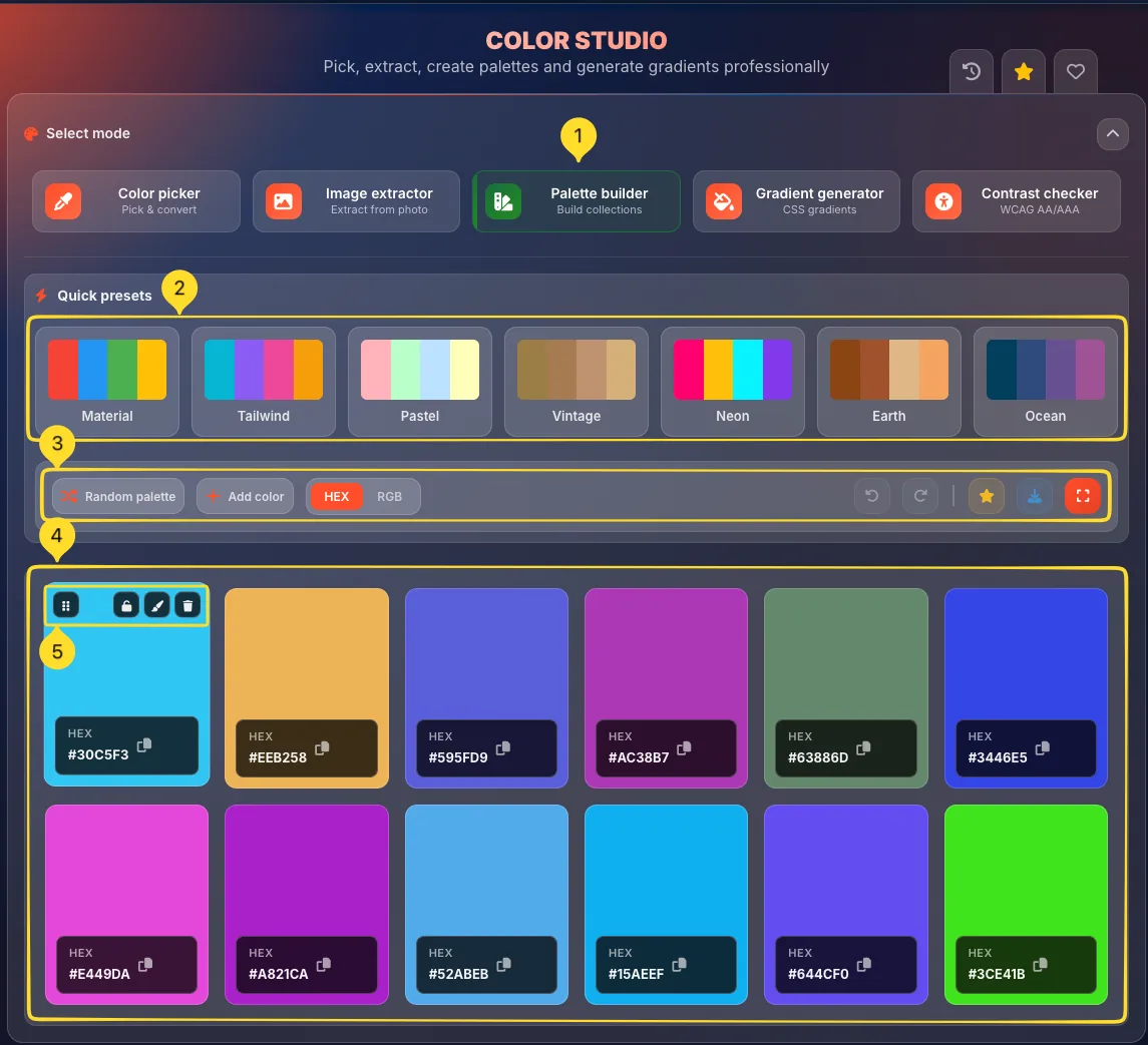 Palette builder mode with color cards grid
