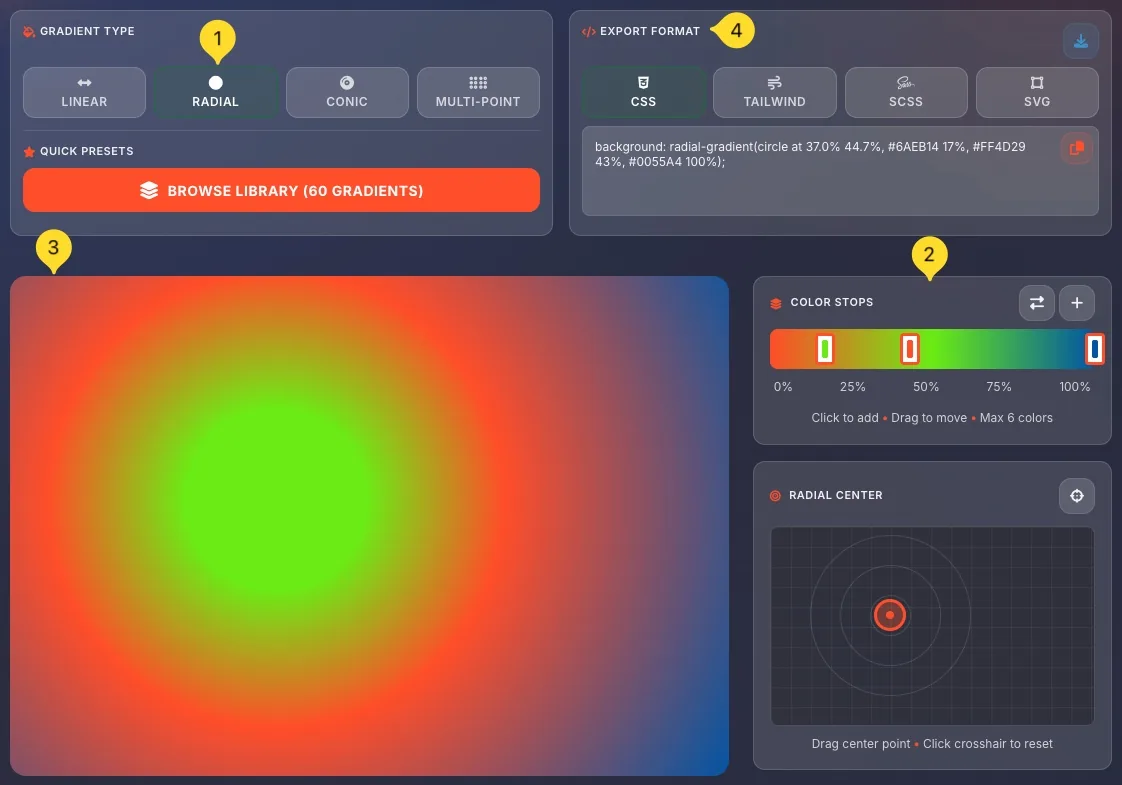 Radial gradient editor with center point control