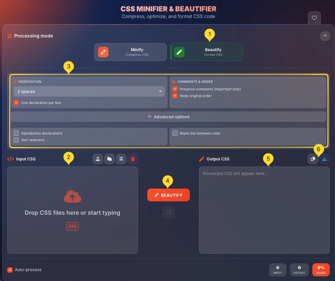 CSS Minifier in Beautify mode with formatted output