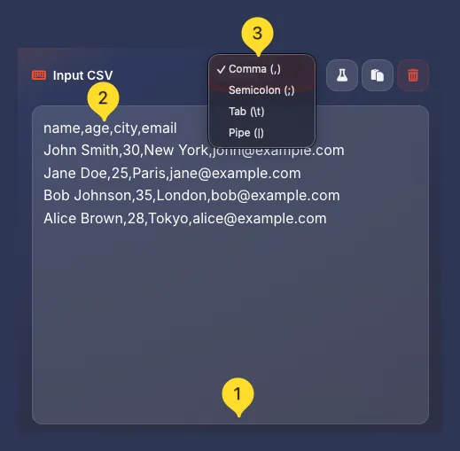 CSV to JSON mode input panel with delimiter selection dropdown