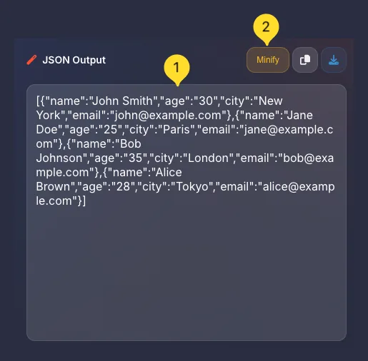 CSV to JSON mode output panel with Minify button