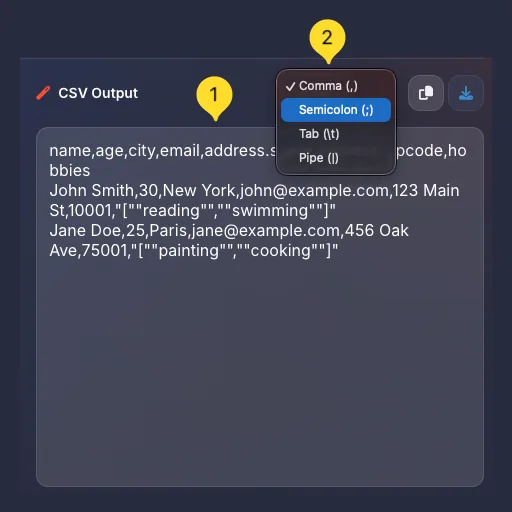 JSON to CSV mode output panel with delimiter selection