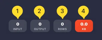 Statistics bar showing INPUT, OUTPUT, ROWS, and KB counters