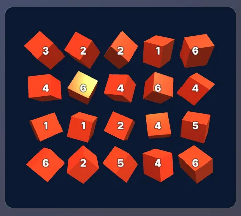 3D dice visualization area with orange dice on dark background