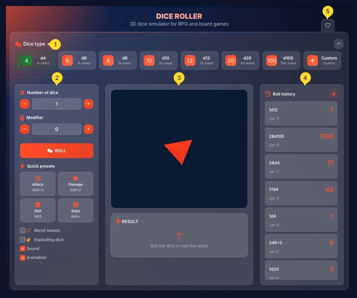 Dice Roller interface showing dice type selector, settings panel, 3D dice area, and roll history