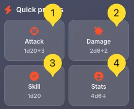 Quick presets showing Attack, Damage, Skill, and Stats buttons