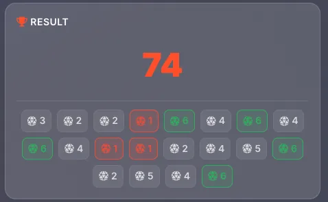 Result panel showing dice roll outcome with formula and total
