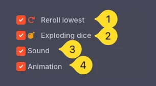 Roll options checkboxes: Reroll lowest, Exploding dice, Sound, Animation