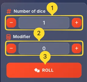 Settings panel with Number of dice, Modifier controls and ROLL button
