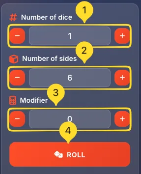 Custom dice settings with Number of sides control visible