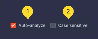 Analysis options bar with Auto-analyze and Case sensitive checkboxes