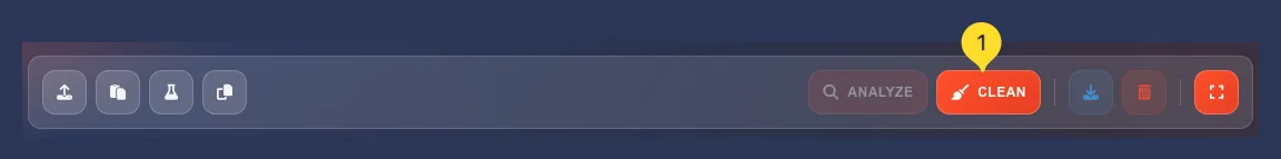 CLEAN button highlighted in toolbar with before and after comparison of text cleaning