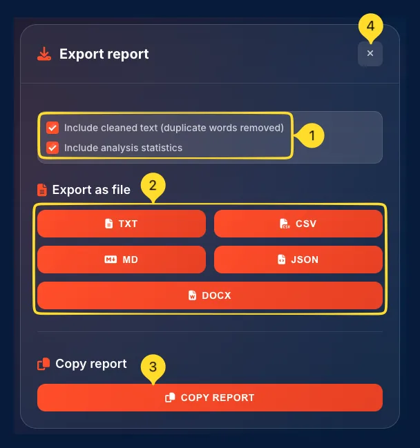 Export report modal with checkboxes for cleaned text and statistics, and file format buttons (TXT, CSV, MD, JSON, DOCX)